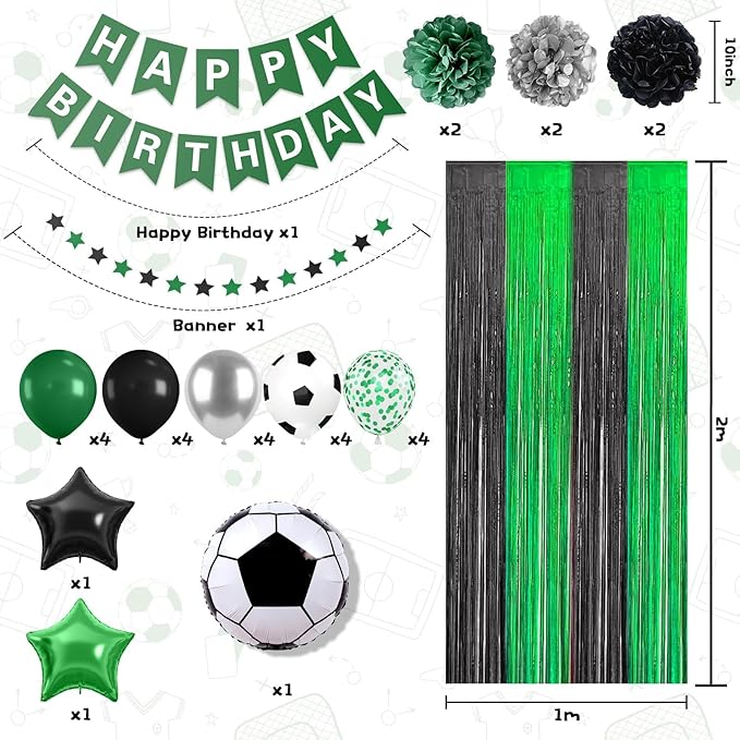 Soccer Party Decorations,Soccer Sports Theme Birthday Decorations,Include Green Black Party Balloons Happy Birthday Banner Fringe Curtain Tissue Paper Pompoms Garland