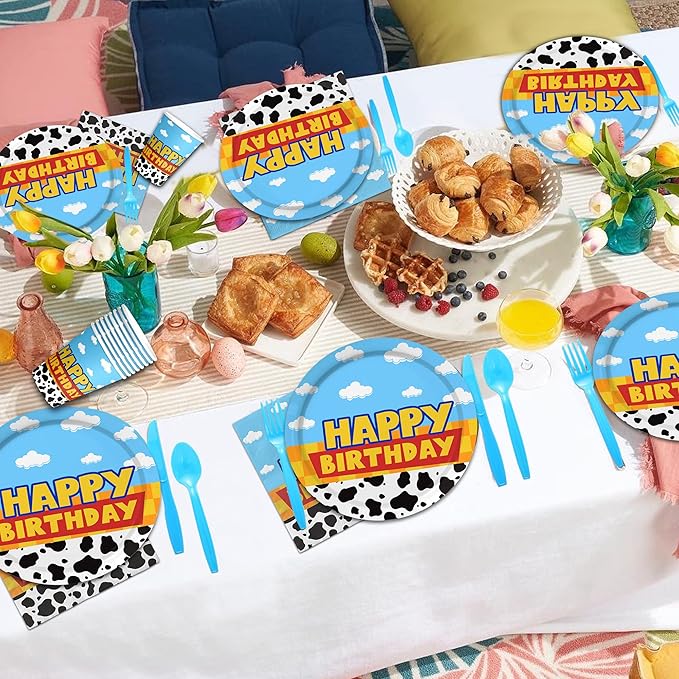 175Pcs Cartoon Birthday Party Supplies Cow Print Birthday Party Decorations Cartoon Plates and Napkins Tableware Set Blue Cloud Cow Print Party Supplies Kids 1st 2nd 3rd 4th Party Decor