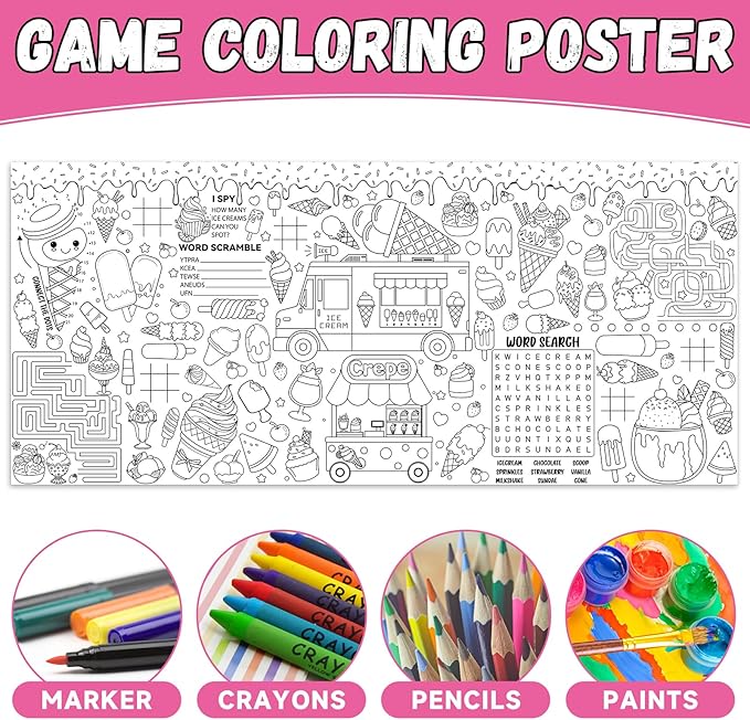 Ice Cream Giant Coloring Poster for Kids Summer Large Coloring Tablecloth Big Paper Sheets Page Sweet Theme Table Cloth DIY Activity Game Art Crafts Mat Wall Home Party Decoration Supplies