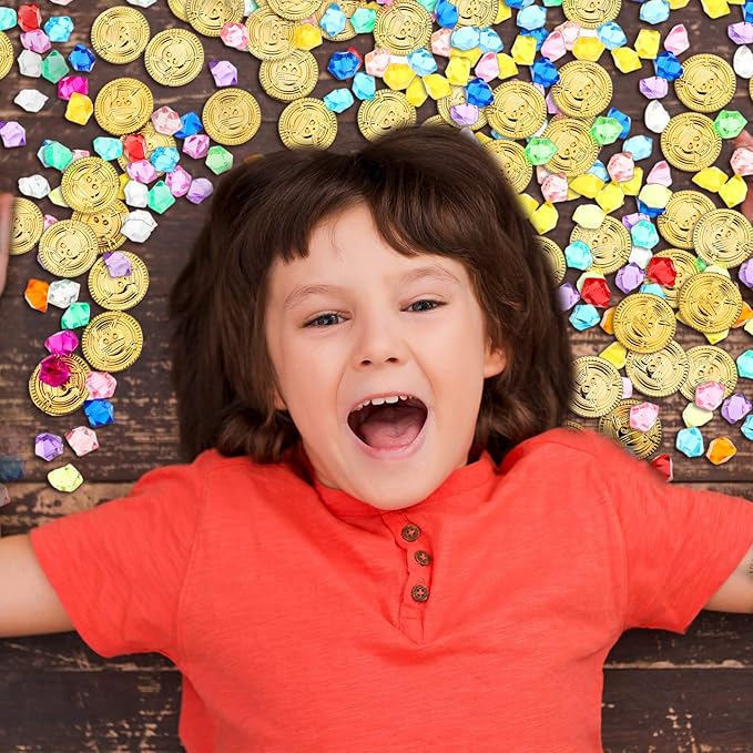 Skylety Pirate Party Decoration Favors 100 Pieces Fake Pirate Treasure and 100 Pieces Gold Coins Toy Gem Jewelry Treasure Chocolate Gold Coins for Halloween Adventure Themed Event Party Supplies