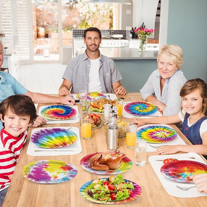 72PCS Tie Dye Birthday Plates Tie Dye Party Decorations Colorful Tableware Rainbow Plates Disposable Paper Plate Dessert Plates for Boys Girls Kids New Year Holiday Favors 6.7 * 6.7inch
