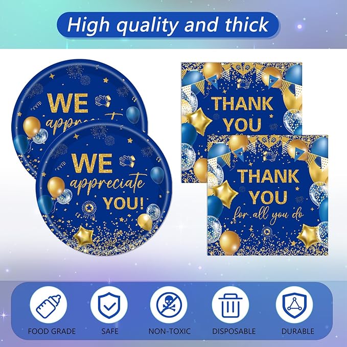 41Pcs Blue Gold Thank You Decorations Thank You for All You Do Tableware Disposable Paper Plates Napkins Tablecloth丨Teacher Employee Staff Doctors Nurse Pastor Appreciation Week Party Decor,Serve 20