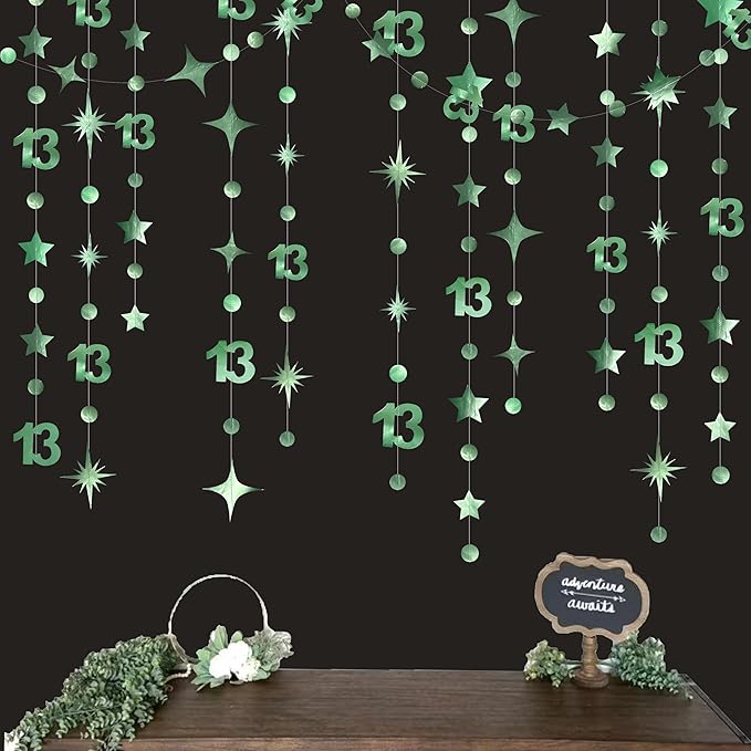 Sage Green 13th Birthday Decorations Number 13 Circle Dot Twinkle Star Garland Metallic Hanging Streamer Banner Backdrop Girls Boys 13 Years Old Birthday Thirteen Official Teenager Party Supplies