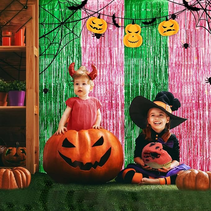 4 Pack Pink and Green Party Decorations Tinsel Foil Fringe Backdrop 3.3’x6.6’, Wicked Party & Halloween Streamer, Durable Metallic Tassel Create Photo Booth & Entrance