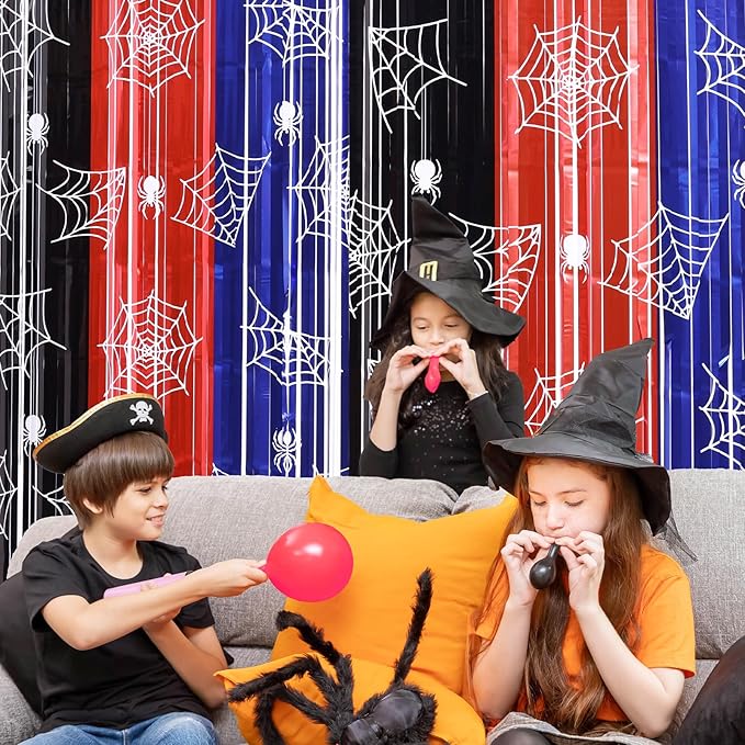 Spider Web Party Decor Kit with 15 Balloons - 2 Pack 3.3x6.6ft Gothic Tinsel Fringe Curtains Backdrop, Cobweb Photo Booth Props, Halloween Birthday Party Decorations in Red, Blue & Black