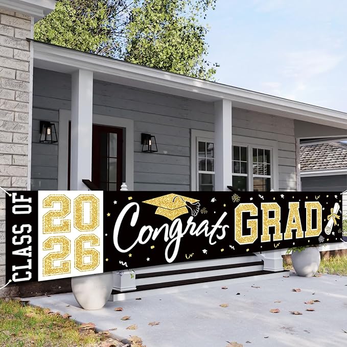 Graduation Banner Class of 2026 - Large Congrats Grad Yard Sign 2026 Black Gold Congrats Grad Banner Fence Yard Sign for Graduation Decorations Party Supplies