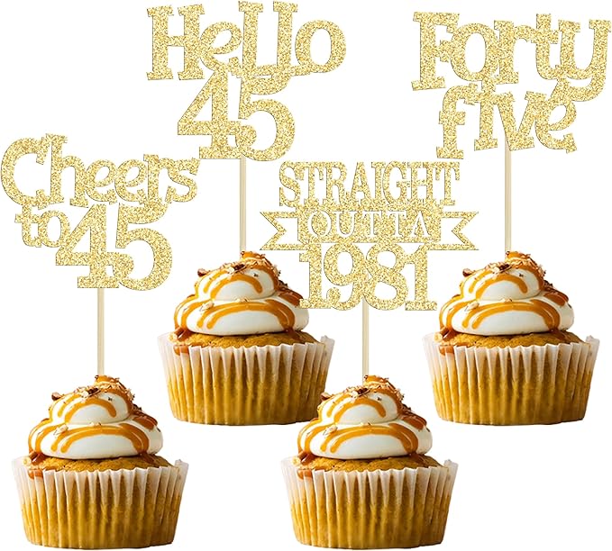 Ephlyn 24Pcs 45th Birthday Cupcake Toppers Glitter Straight Outta 1981 Cupcake Picks Hello 45 Cheers to 45 Years Cake Decorations for 45th Birthday Anniversary Party Decorations Supplies Gold