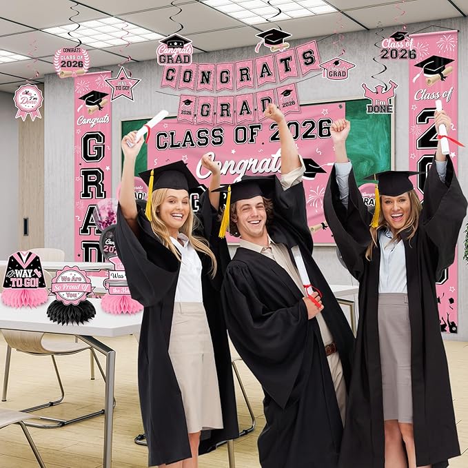 Graduation Decorations Class of 2026 Pink Graduation Party Decor Set include Congrats Grad Banner Backdrop Class of 2026 Balloons Party Supplies
