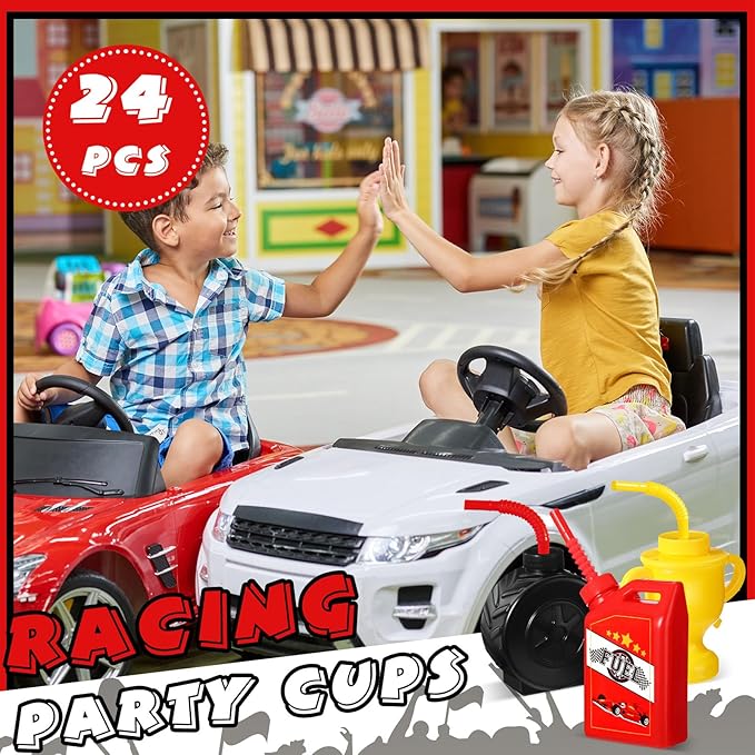 Mifoci 24 Pcs Race Car Cups with Straws Plastic Traffic Tire Shaped Cup Red Race Car Fuel Cups Yellow Trophy Cups Race Car Party Supplies for Racing Car Construction Birthday Party Decoration