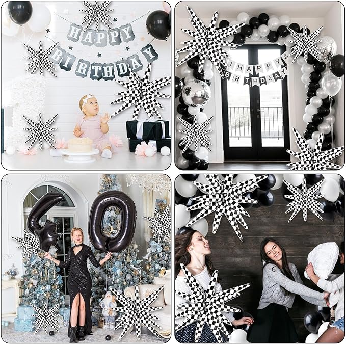 10 Pcs Star Balloons Explosion Balloon Foil Cone Balloons Magic for Birthday Wedding Anniversary Party Backdrops Decorations Supplies, 6 Pcs 22Inch and 4 Pcs 27Inch (Black and White)