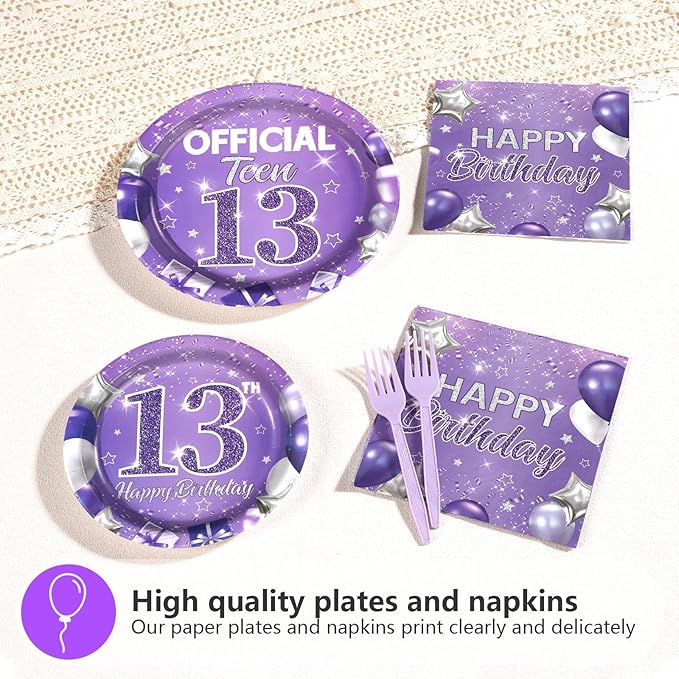 96Pcs 13th Birthday Decorations for Girls Purple Silver Official Teen 13th Plates and Napkins Sets Lavender Glitter 13 Year Old Party Decorations for Kids Official Teenager Birthday Favors Serve 24