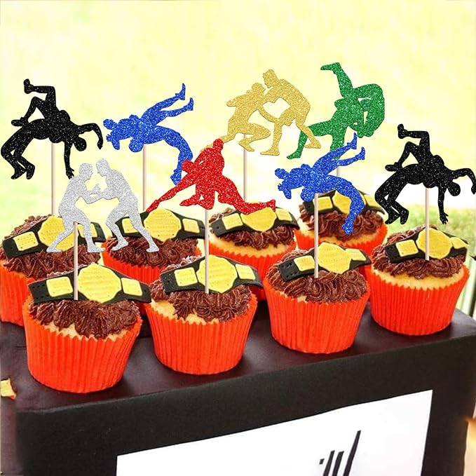 24 PCS Wrestling Cupcake Toppers Glitter Wrestler Birthday Cupcake Picks Wrestling Party Cupcake Decorations for Sport Theme Boys Men Birthday Party Cake Decorations Supplies Colorful