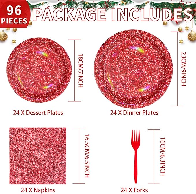 96Pcs Red Birthday Decorations Red and White Iridescent Plates and Napkins Tableware Sets Valentines Day Rainbow Party Decorations for Womens Wedding Engagement Baby Shower Party Supplies Serves 24