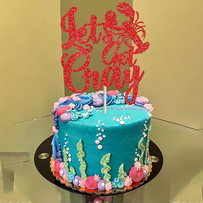 1 PCS Crawfish Cake Topper Red Glitter Let's Get Cray Cake Pick Crawfish Party Cake Decoration for Lobster Theme Carnival Baby Shower Birthday Single Divorce Party Cake Decorations Supplies