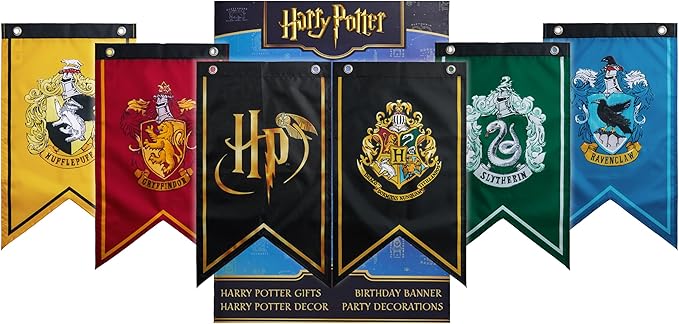 Harry Potter Gifts Banner Decorations Set of 6 Hogwarts House Flags 20x12 Inch Gryffindor, Slytherin, Ravenclaw, Hufflepuff Birthday Party Supplies (Multi Flags)