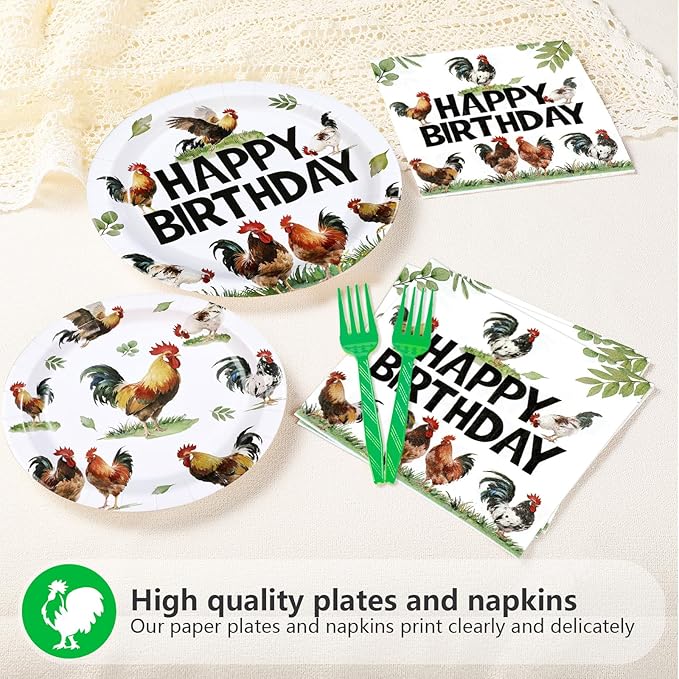 96Pcs Chicken Birthday Party Supplies Rooster Plates and Napkins Rooster Rustic Farmhouse Country Tableware Set for Girl Boy Chicken Farm Animal Birthday Theme Party Supplies，Serves 24