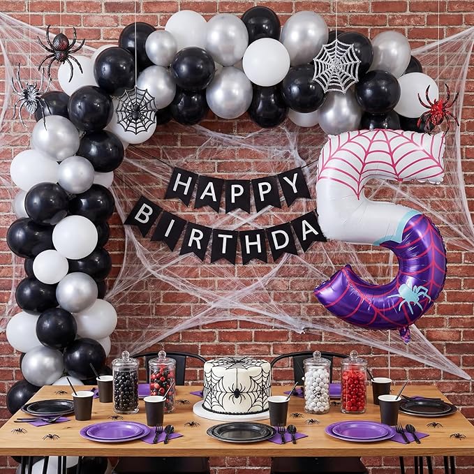 Spider Number 5 Balloons 40 Inch Purple Spider Theme Birthday Party Decorations Large Foil Balloons for 5th Birthday Party Backdrop Anniversary Celebration Supplies