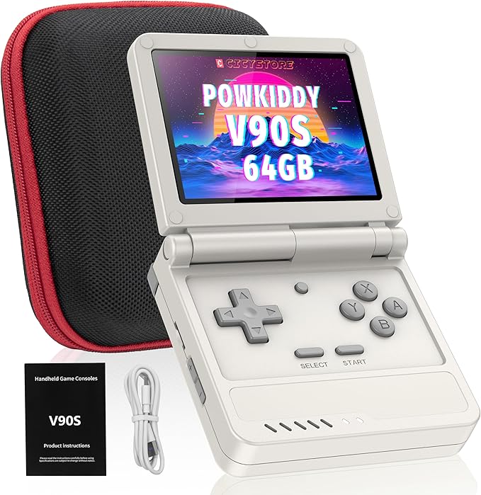 Powkiddy V90S Retro Handheld Console - 10,000+ Preloaded Games, Foldable Clamshell Design, 3.5" IPS Screen, 4-6 Hour Battery, Dual TF Slots (Gray)