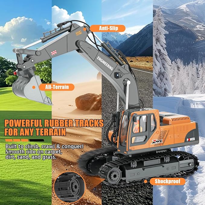 RC Excavator Toy for Boys 3-12, 3-IN-1 Bucket/Claw/Drill, 2.4GHz 14 Channel Construction Truck with 680°Rotating, 2400mAh Battery/LED Lights/Realistic Sounds, Durable Engineering Vehicle Gift for Boys
