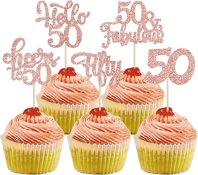 30pcs Happy 50th Birthday Cupcake Toppers - Rose Gold Glitter Fifty Cheers to 50 Years Old Cupcake Picks for Anniversary Party Cake Decorations