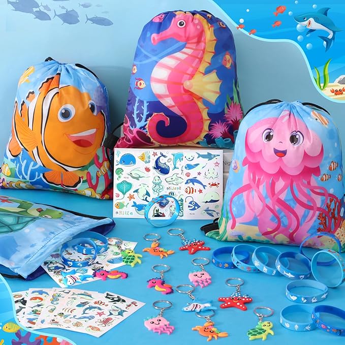 Winrayk 12 Sets Under the Sea Party Favors Birthday Supplies for Kids, Sea Animal Drawstring Bags Silicone Wristbands Luminous Stickers Keychain, Goodie Bag Stuffers Ocean Themed Party Favors Supplies