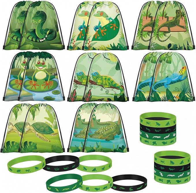 32 Pcs Retile Birthday Party Decorations Retile Party Favors Bags Green Silicone Wristband Crocodile Turtle Drawstring Goodies Bags Frog Lizard Toys for Boys Girls Wild Themed Birthday Supplies