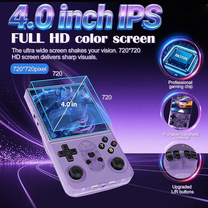S600 Retro Handheld Game Console - 4.0 inch IPS HD Screen, 128GB Memory, Over 18,000 Classic Games, 3500mAh Battery Retro Gaming Console, Portable Linux System(Purple)