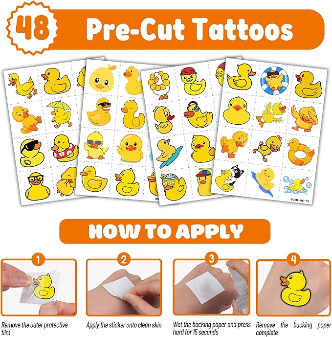 72PCS Duck Party Favors - 48PCS Pre-cut Temporary Tattoos & 24PCS Slap Bracelets - Cute Birthday Party Supplies, Decorations, Baby Shower Gifts, Classroom Prizes, and Rewards for Boys & Girls