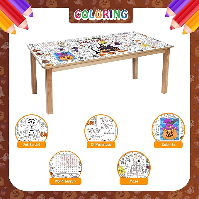 Giant Halloween Coloring Tablecloth for Kids, Large 30x72 Inch Poster with Haunted House, Pumpkins, Ghosts, Bats, Arts Crafts Games Indoor Activities for Halloween Party, Classroom Fun