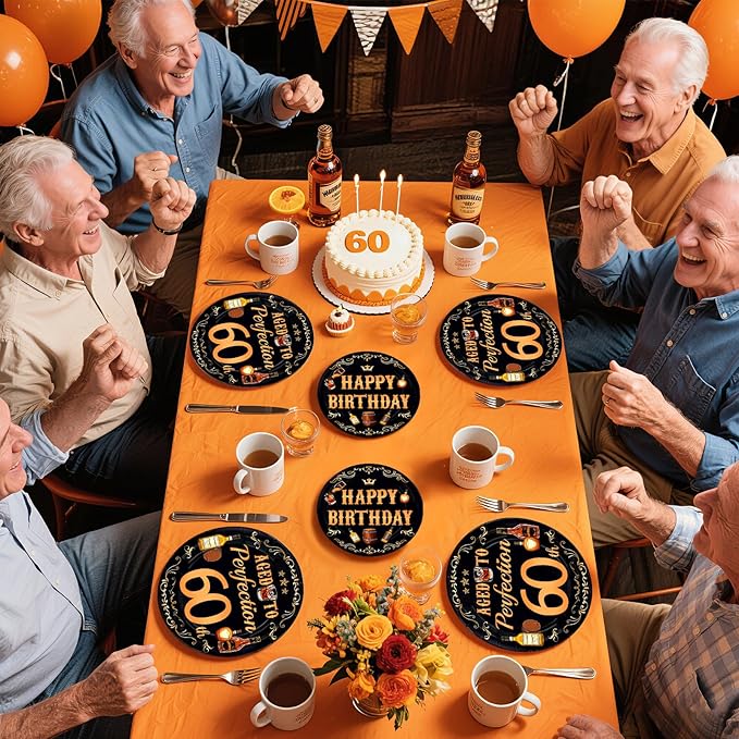 96 Pcs Whiskey 60th Birthday Party Supplies Aged To Perfection 60th Plates and Napkins Disposable Cheers and Whiskey Tableware Set for Men Vintage 60 Years Old Birthday Party Decorations Serves 24