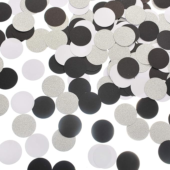 Glitter Confetti Circle Dots for Table Wedding Birthday Party Decoration, 1.2 inch in Diameter (silver glitter,black,white,200pc)