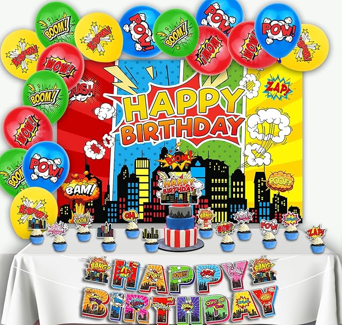 31pcs Superhero Birthday Party Supplies Pack Includes City Hero Theme Backdrop 5X3FT, Banner, Cupcake Toppers,Cake Topper and Balloons for Super Hero Party Decorations