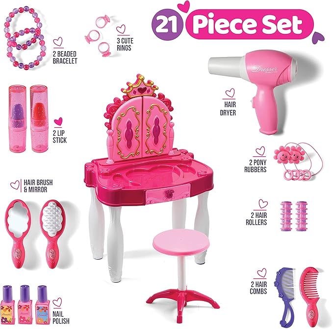 Play22 Pretend Play Girls Vanity Set with Mirror and Stool 21 PCS - Kids Makeup Vanity Table Set with Lights and Sounds - Includes Fashion Hair & Makeup Accessories