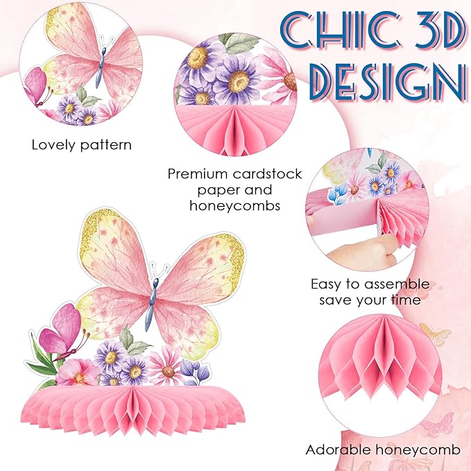 Epakh 10 Pieces Butterfly Centerpieces for Tables Butterfly Birthday Party Decorations Spring Honeycomb Table Centerpiece Spring Flower Theme Party Supplies for Birthday Baby Shower Decor