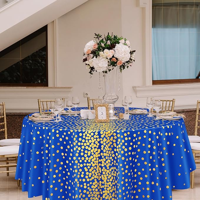 VitalCozy Round Dot Tablecloth 84 Inch Plastic Table Cover Polka Dot Confetti Tablecloths for Easter 2026 Graduation Prom Wedding Birthday Spring Party Supplies(Blue and Gold,3 Pcs)