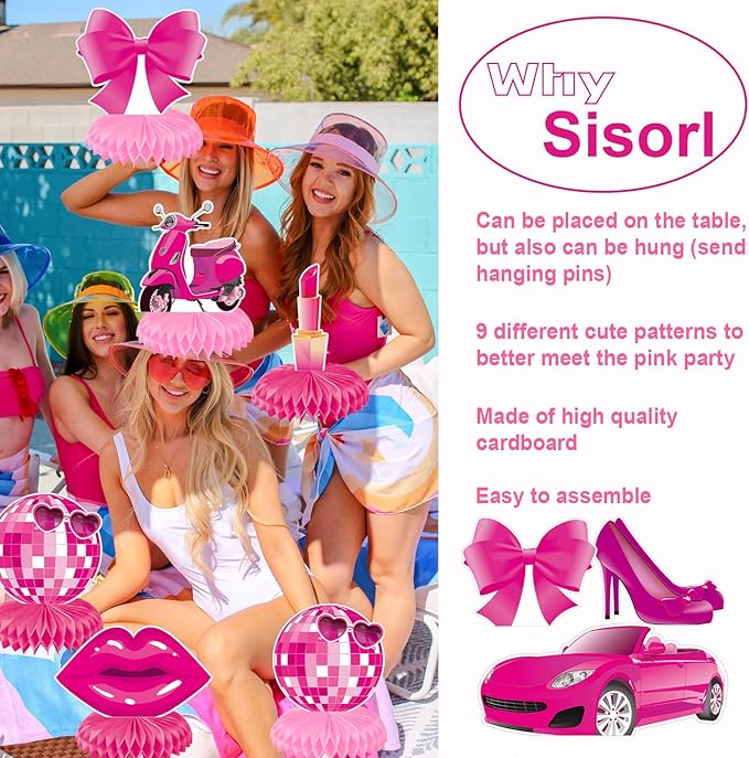 Pink Girls Birthday Decorations Hot Pink Princess party Honeycomb Centerpieces Disco Bachelorette Birthday Party Decoration for Girls Doll Theme Party Bridal Shower Wedding Baby Shower