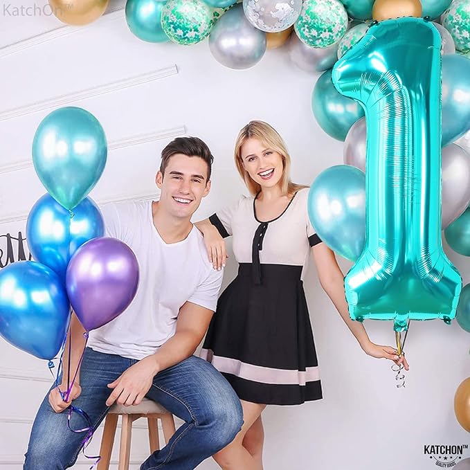 KatchOn, Giant Blue Teal Number 1 Balloon Number - 40 Inch | Mylar Foil Number 1 Balloons Happy Birthday Decorations Teal | Number Balloons For 1st Anniversary Decorations | 1 Foil Balloon