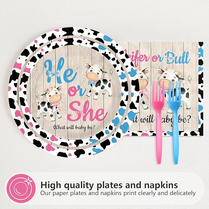 96Pcs Cow Gender Reveal Decorations Pink Blue He Or She Plates and Napkins Disposable Heifer or Bull Holy Cow Paper Tableware for Baby Boy or Girl Cowgirl Cowboy Gender Reveal Party Supplies Serves 24