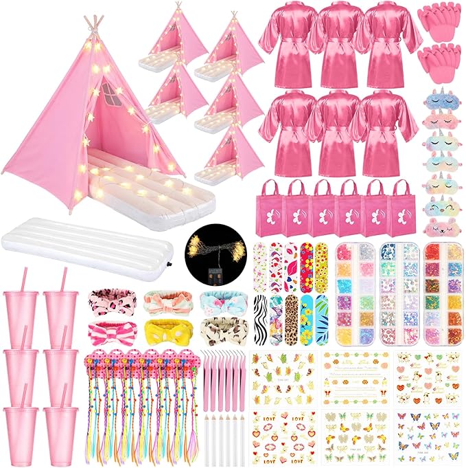 6 Set Sleepovers Teepee Tents Spa Party Robes Supplies Bulk with Inflatable Airbed and Light String, Party Supplies for Birthday Movie Spa Favors Gifts Indoor Outdoor(6 Pink)