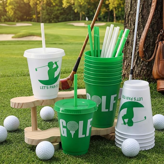Sieral 30 Pcs Golf Cups with Straws and Lids, 16 oz Reusable Plastic Tumblers Golf Ball Party Cups Iced Coffee Travel Mug for Theme Party Favors Birthday Decorations