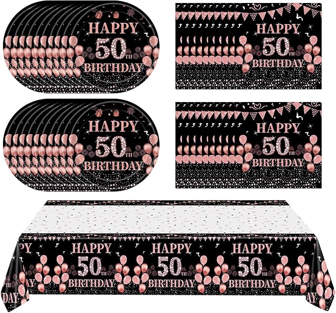 41Pcs 50th Birthday Decorations for Women, Vintage 50 Birthday Black and Rose Gold Disposable Paper Plates and Napkins Party Supplies for 20 Guests, 41Pcs Include 7" Plates Napkins and Tablecloth