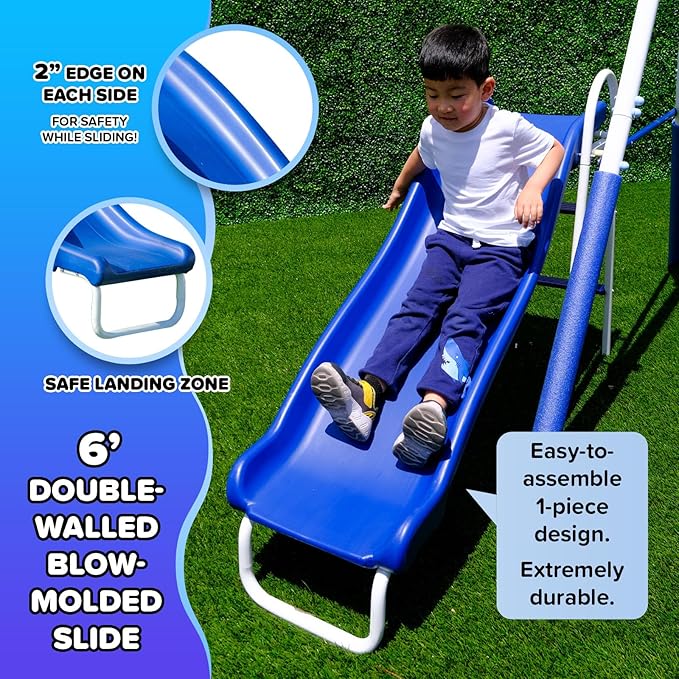 Sportspower Super 9 Metal Swing Set for Outdoor Backyard Play: Teeter Totter, Glide Ride, Roman Glider, Standing Swing, Trapeze, 5ft Slide, Anchor Kit, 7.5' D × 17.1' W × 6.1' H