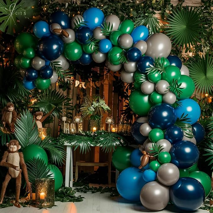 Blue and Green Balloon Garland Kit Dark Green Navy Blue Dark Blue Balloons Arch with Ribbon for Boy Girl Jungle Theme Party Birthday Baby Shower Wedding Graduation Anniversary Background Decorations
