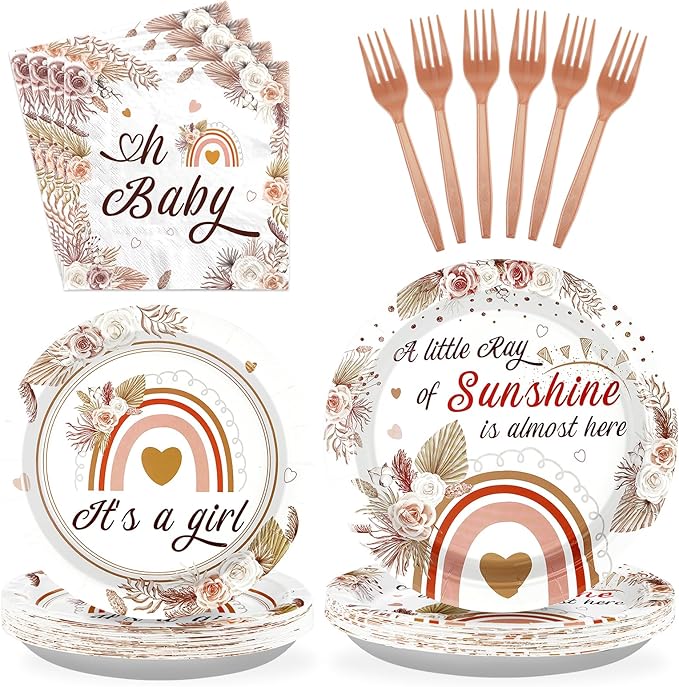 96Pcs Boho Baby Shower Decorations for Girl Boho Rainbow Baby Shower Plates and Napkins Tableware Set A Little Ray of Sunshine Baby Shower Party Supplies for Boho Rainbow Baby Shower Decor Serves 24