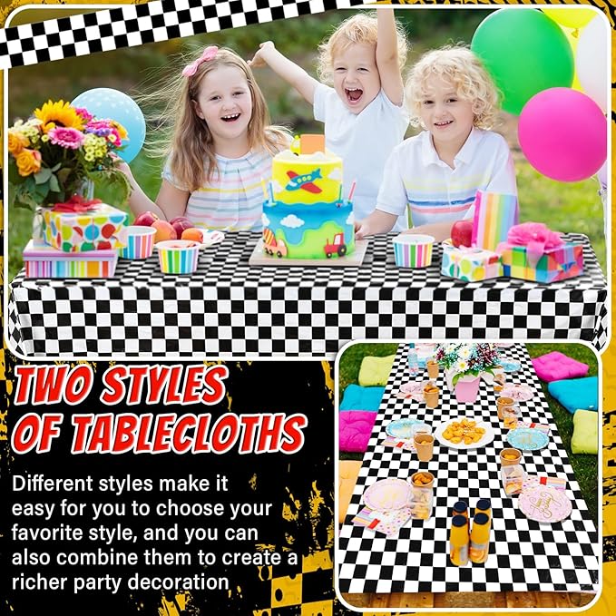 Breling 4 Packs Car Birthday Party Decorations Plastic Car Table Cloth Two Fast Disposable Race Road Checkered Party Supplies Race Theme Party Favors for Birthday, 54 x 108 Inch