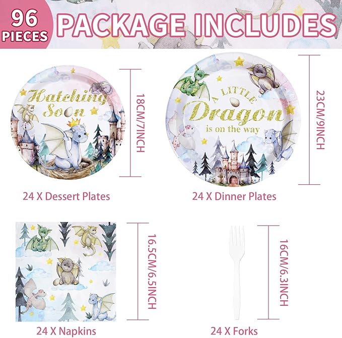 Grencian 96Pcs Dragon Baby Shower Decorations Watercolor Dragons Plates and Napkins Disposable A Little Dragon On The Way Paper Tableware for Boys Girls Baby Shower Party Supplies, Serves 24