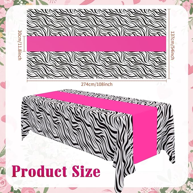 Buryeah 3 Pcs Zebra Tablecloth Zebra Print Plastic Table Cloth Disposable Tablecloth Animal Safari Table Cover 54 x 108'' for Baby Shower Wedding Birthday Party Decorations Supplies (Hot Pink B)