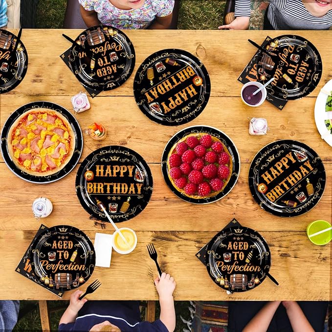 Grencian 96Pcs Whiskey Birthday Party Decorations for Men Aged to Perfection Party Supplies Plates Disposable Heavy Duty Whiskey Birthday Tableware Set for Beer Theme Parties Supplies Serves 24