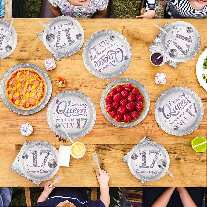 Grencian 96 Pcs Dancing Queen 17th Birthday Party Supplies Dancing Queen 17th Paper Plates and Napkins Disposable Silver Disco Party Tableware Set for Girls 17 Year Old Birthday Decorations Serves 24