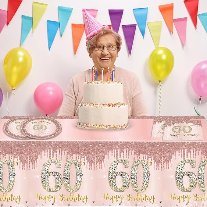 60th Birthday Decorations For Women,Rose Gold 60 Birthday Disposable Paper Plates and Napkins,60th Birthday Tablecloth Tableware Kit For 1966 Party 60 Years Old Birthday Decorations,20 Guests
